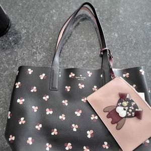 Kate Spade Floral Pup Reversible Leather Tote with attached cosmetic bag. NWOT